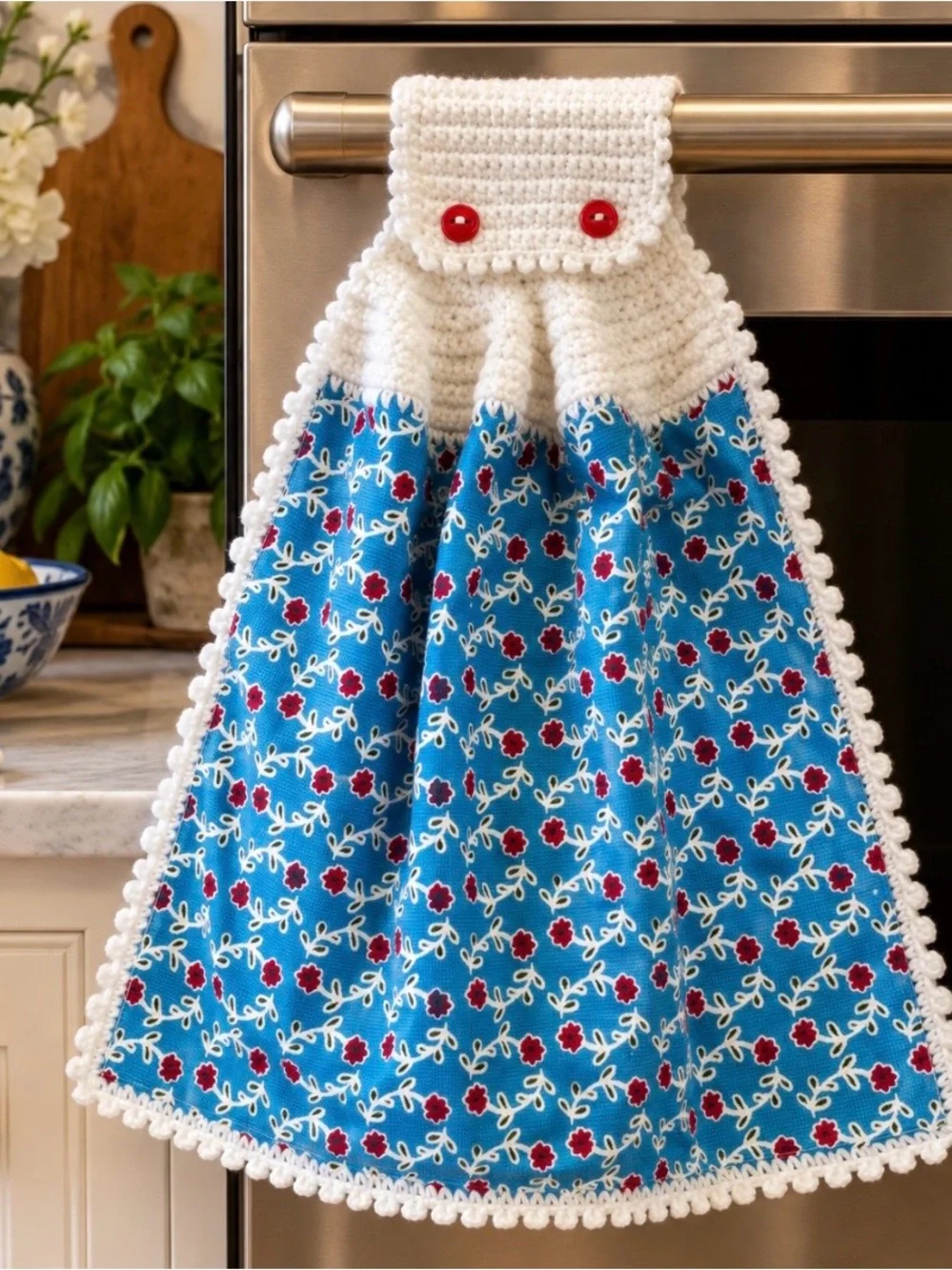 Pioneer Woman Turquoise Red Floral Crochet Hanging Kitchen Towel